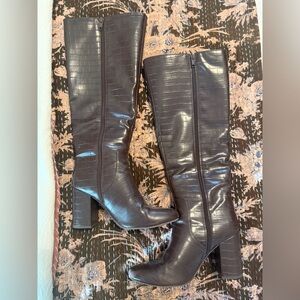 Croc-Embossed Dark Brown Heeled Boots